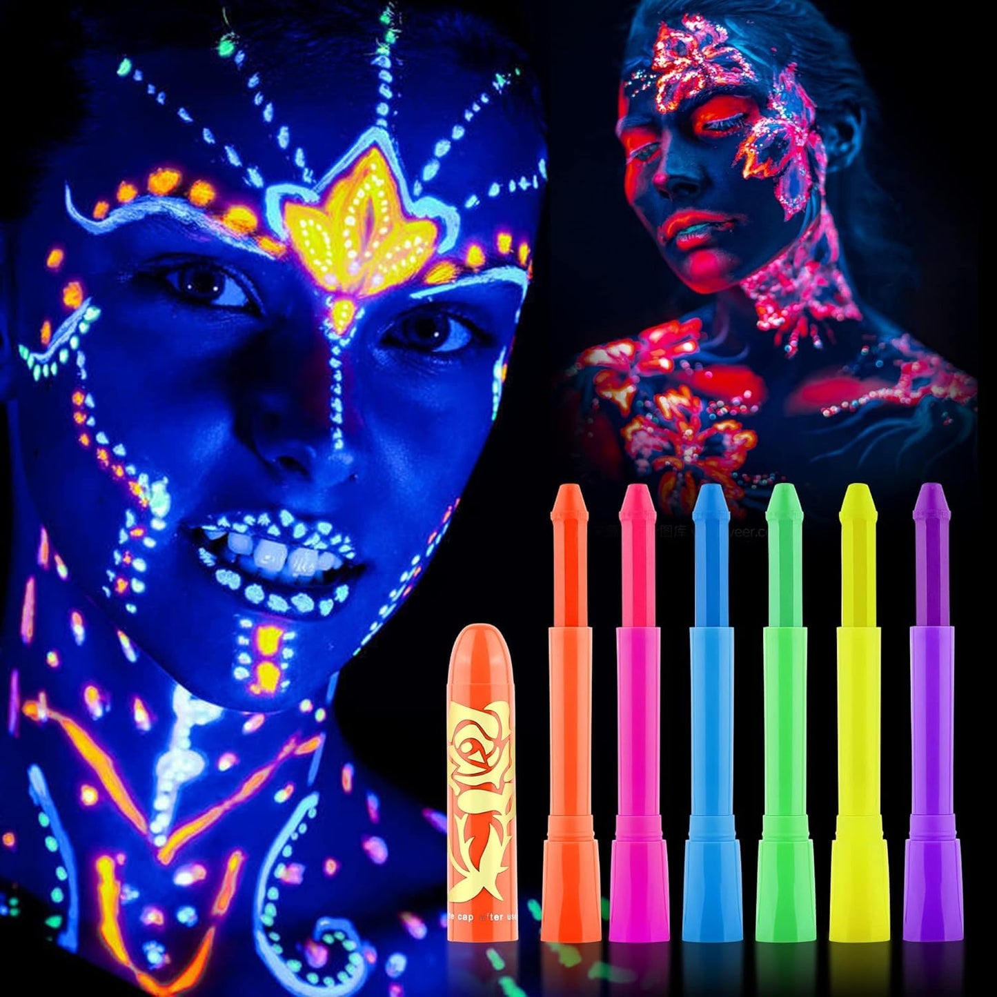 12pcs Glow Face Body Paint, Glow In The Dark Under UV Black Light Sticks Makeup Neon Face Painting Kits for Kids Adult Halloween Festival Accessory Glow Party Supplies