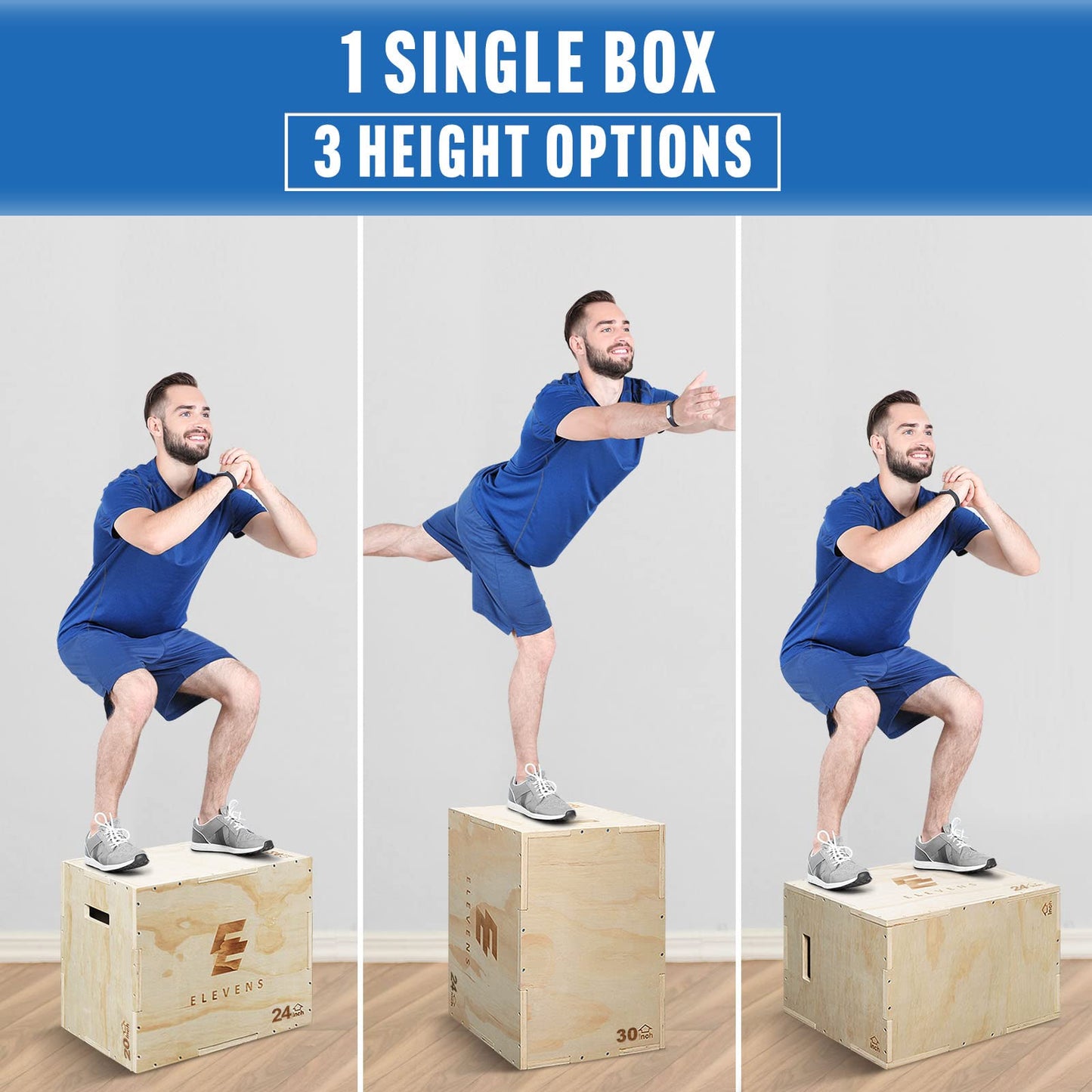 Elevens 3 in 1 Wooden Plyo Box Jump Box Plyometric Box for Jumping Trainer, Skipping, Jumping, Lunges, Box Jumps, Squats, Step-Ups, Dips (30"x20"x24")