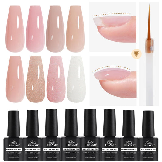 EBANKU Gel Builder for Nails Kit, 8 Colors 8 in 1 Sheer Pink Nude Builder Nail Gel Nail Strengthener Hard Gel for Nail Thickening French Manicure, Ultra-thin Brush in A Bottle, Summer Gifts for Women
