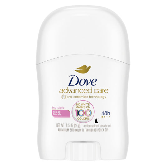 Dove Advanced Care Antiperspirant Deodorant Stick Clear Finish Pack of 36 doesn’t stain clothes 72-hour odor control and all-day sweat protection with Pro-Ceramide Technology 0.5 oz
