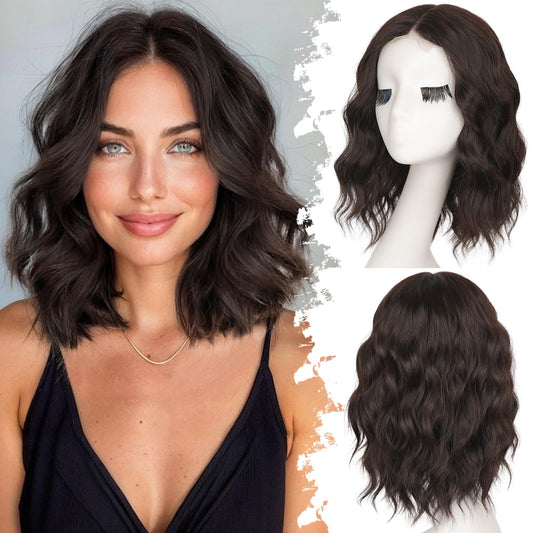 Eawwii Dark Brown Short Wavy Wig for Women Lace Hairline Bob Style Synthetic Heat Resistant - Natural Appearance for Everyday Hairstyle 14 Inch