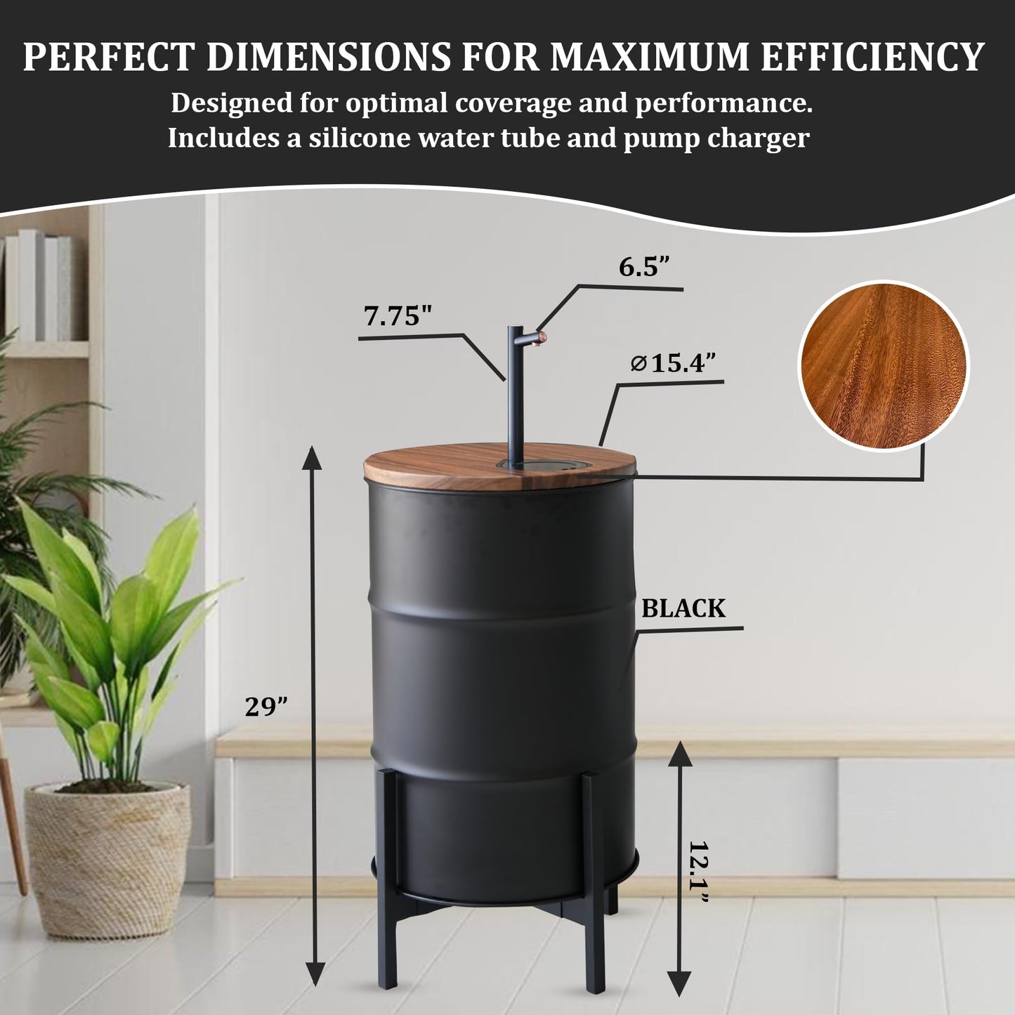 Electric Wooden Water Dispenser for 5-Gallon Bottle – Concealed Storage for 5 Gallon Water Jug, Silent Rechargeable Motor – Scratch & Rust-Resistant - Black
