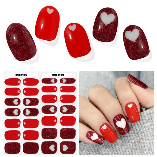 DUKASOU Semi Cured Gel Nail Strips, Heart Signal | 28 pcs Gel Nail Strips Work with Any UV Lamp, Salon Quality UV Gel Nail Stickers, Easy to Apply for Home Nails DIY