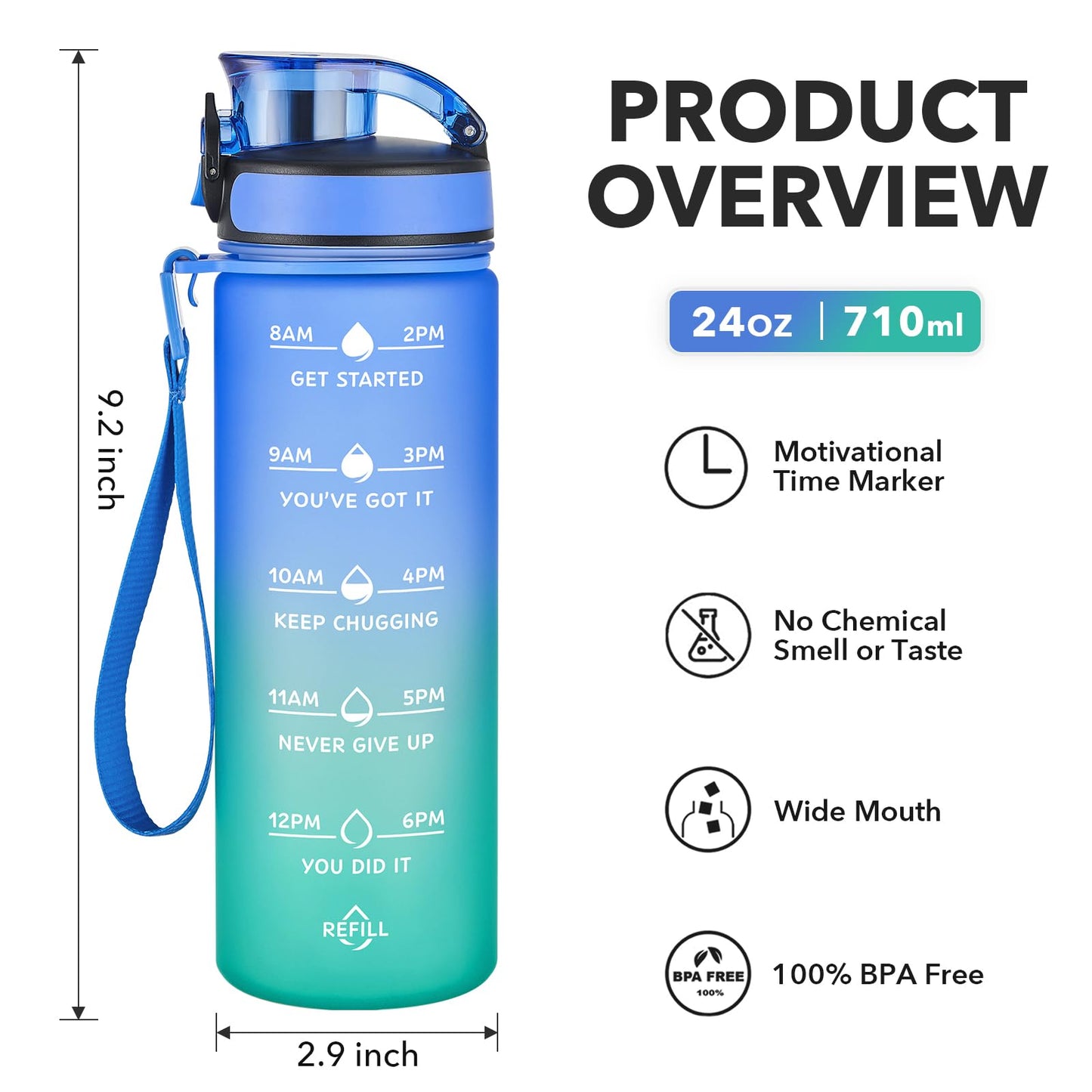 Enerbone 24 oz Water Bottle, Leakproof BPA & Toxic Free, Motivational Water Bottle with Times to Drink and Straw, Fitness Sports Water Bottle with Strap for Office, Gym, Outdoor Sports