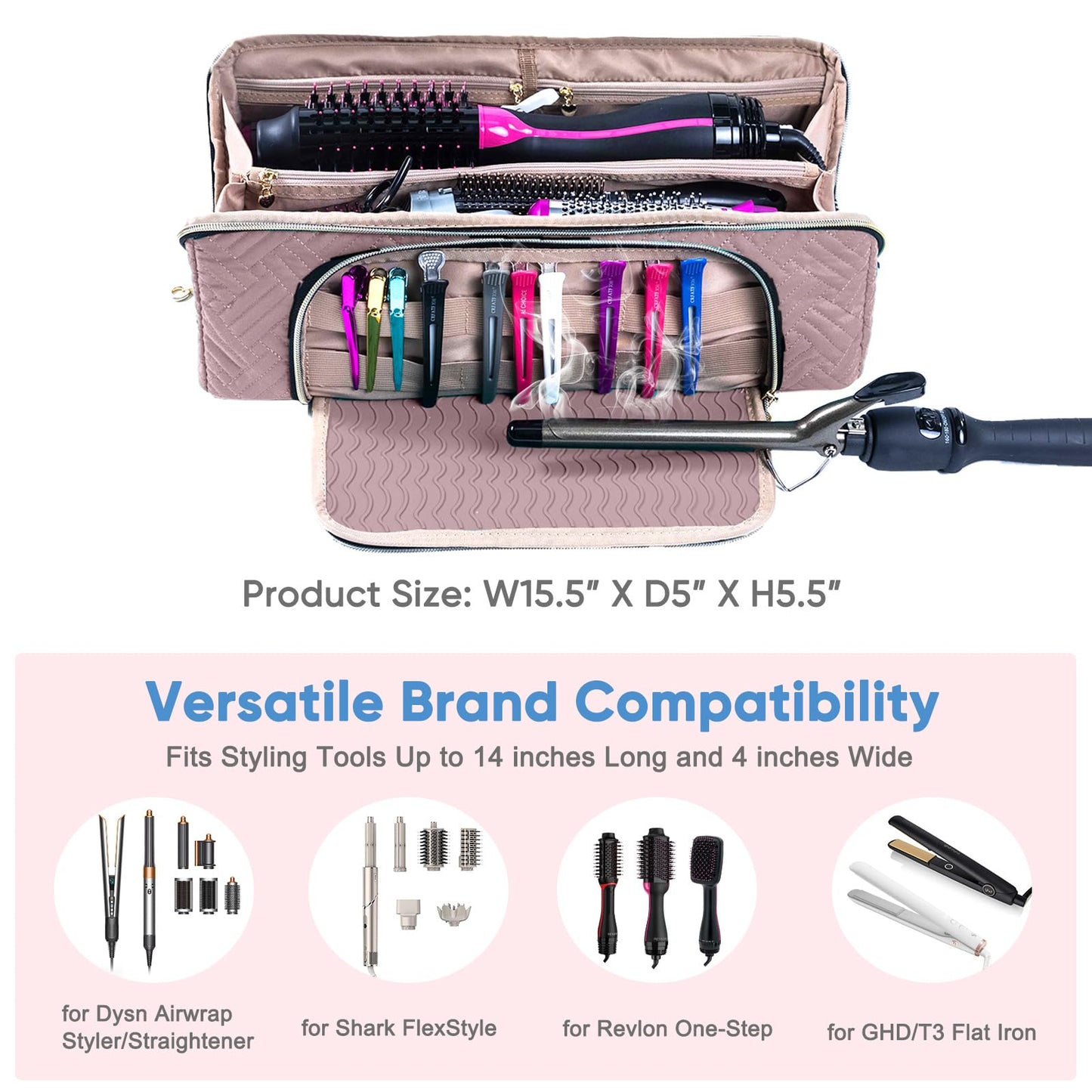 ELCUPA Large Hair Tools Travel Bag with Iron Mat - 2in1 Hair Tools Organizer for Hair Dryer Brush, Flat Irons, Straighteners, Curling Irons, Hair Bag, Makeup Bag, Cosmetic Bag for Travel Essentials