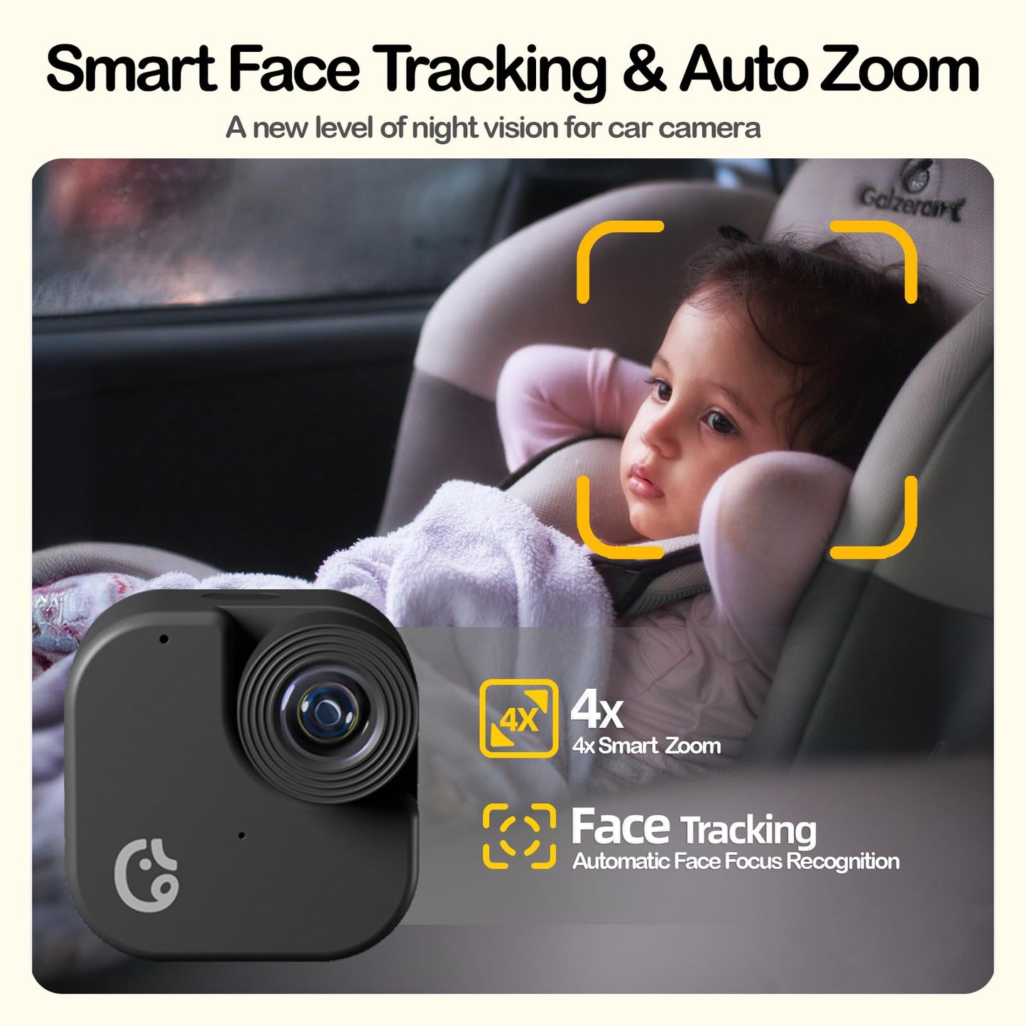 Ellie Baby Car Monitor, 2K UHD Backseat Monitor with Color Night Vision, Face Tracking, Dual Display for 2 Kids, Wide View Car Baby Camera, Smart Video Capture & App Control