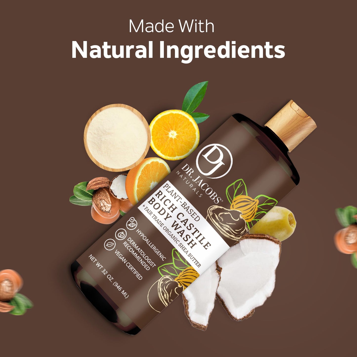 DR. JACOBS NATURALS Castile Shea Butter All-Natural Body Wash for Moisturizing Dry and Sensitive Skin Shampoo with Plant-Based Ingredients Gluten, Preservatives-Free Formula - 32 oz, Pack of 1