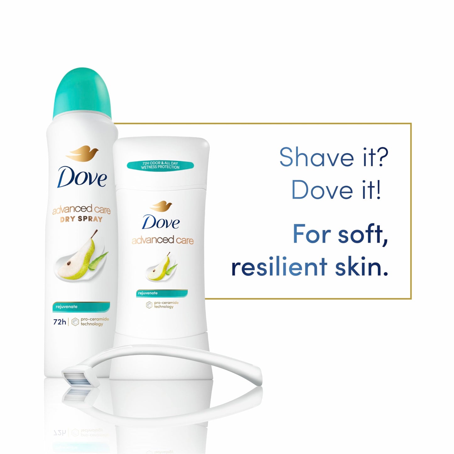 Dove Advanced Care Antiperspirant Deodorant Stick Rejuvenate 4 Count to help skin barrier repair after shaving by boosting skin's ceramide levels 72-hour odor control for soft underarms 2.6 oz