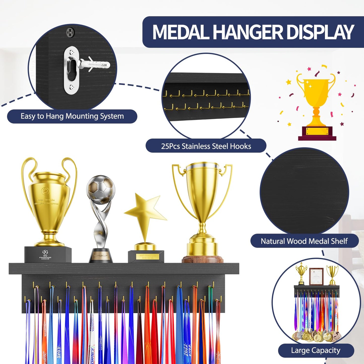 DSVENROLY Medal Holder Display Trophy Shelf Organizer,Sturdy Wooden Medal Trophy Hanger Rack with 25 Steel Hooks, Wall Mount Medal Hanger for Race Medals Trophies(2Pc, Retro Grey)