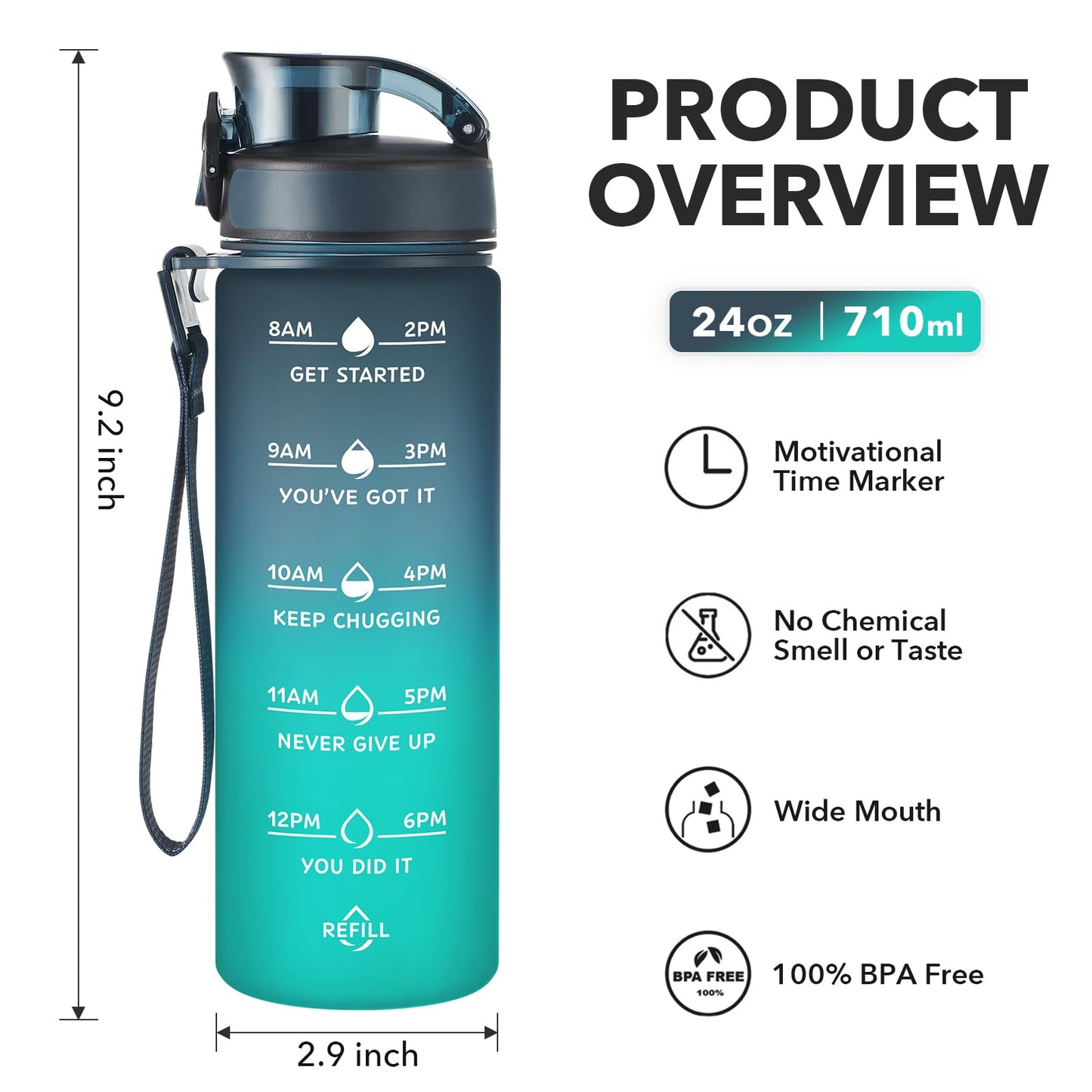 Enerbone 24 oz Water Bottle, Leakproof BPA & Toxic Free, Motivational Water Bottle with Times to Drink and Straw, Fitness Sports Water Bottle with Strap for Office, Gym, Outdoor Sports