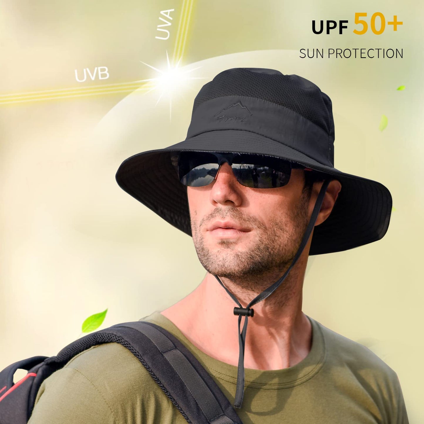 2 Pack Sun Hats for Men Women Fishing Hat UPF 50+ Breathable Wide Brim Summer UV Protection Hat Black/Khaki
