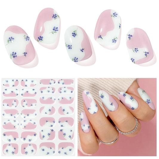 DUKASOU Semi Cured Gel Nail Strips, Falling Flowers | 28 pcs Chinese Style Gel Nail Strips Work with Any UV Lamp, Salon Quality New Chinese Nail Stickers, Include Prep Pads, Nail File&Wood Stick