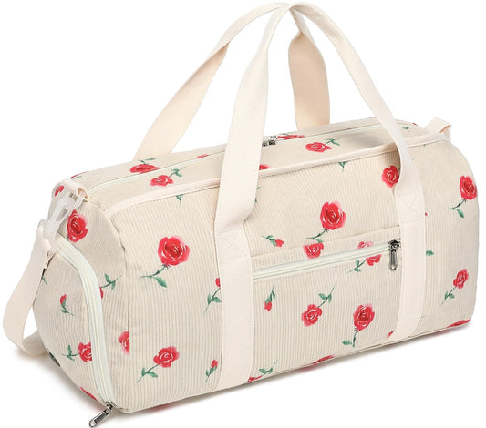 Duffle Bag for Gym Sports Women Girls Workout Travel Bag Weekender with Shoe Compartment and Wet Pocket (Corduroy-Red Rose)