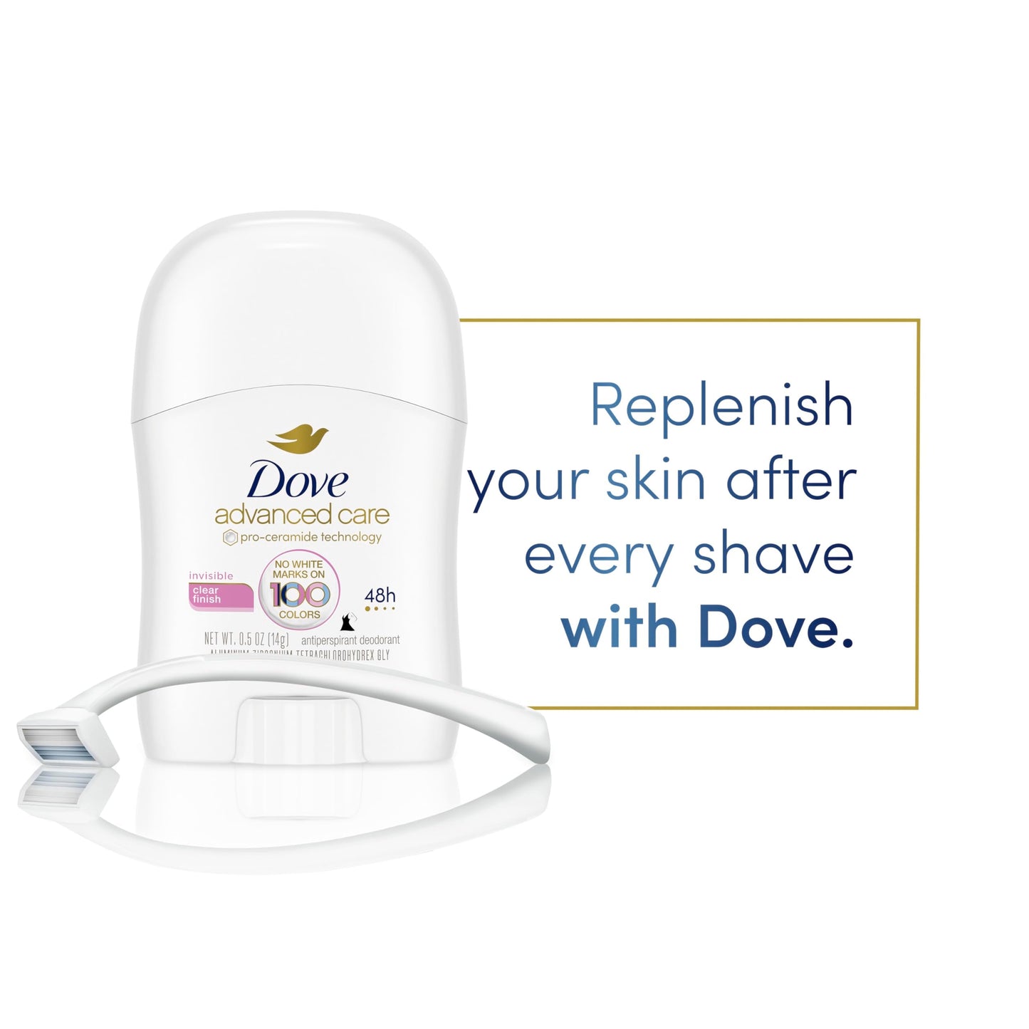 Dove Advanced Care Antiperspirant Deodorant Stick Clear Finish Pack of 36 doesn’t stain clothes 72-hour odor control and all-day sweat protection with Pro-Ceramide Technology 0.5 oz