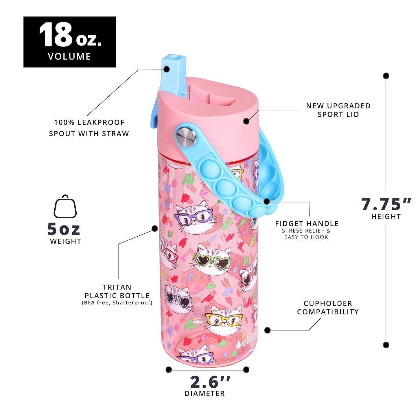 Elemental Leak Proof Water Bottles for Kids - Splash Kids Water Bottle for School with Fun Fidget Pop-it Handle - Tritan Plastic Water Bottle with Straw - Stylish Cat & Spring Blossom - 18oz (2 Pack)