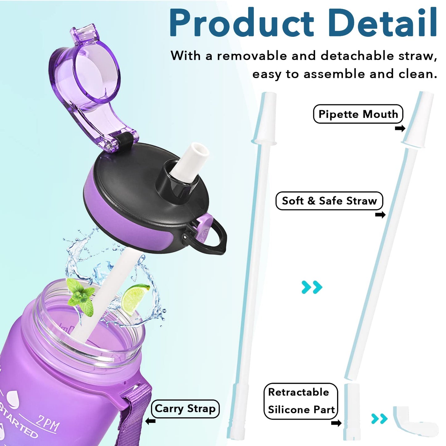 Enerbone 32 oz Water Bottle, Leakproof BPA & Toxic Free, Motivational Water Bottle with Times to Drink and Straw, Fitness Sports Water Bottle with Strap for Office, Gym, Outdoor Sports