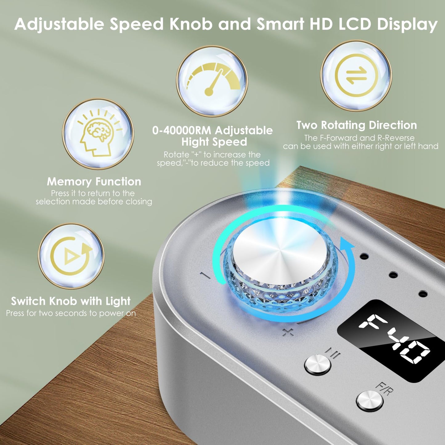 Electric Nail Drill Machine, 40000RPM Professional E File Nail Drill Kit for Gel Acrylic Nails,High Speed Low Vibration Low Heat Nail Grinding with LED Light, 7 Bits, F/R Rotation, LCD Screen (Grey)