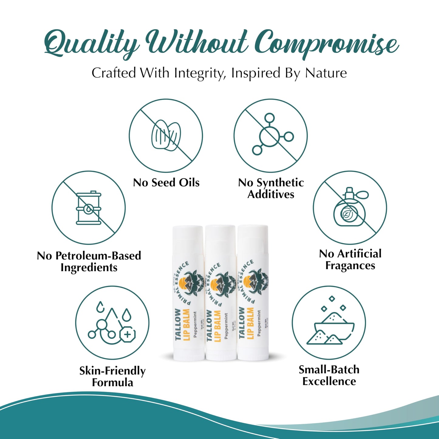 Dr. Dave's Primal Essence Moisturizing Tallow Lip Balm - Grass-Fed Beef Tallow with Organic Coconut Oil, Beeswax and Vitamin E - Peppermint, 3-Pack