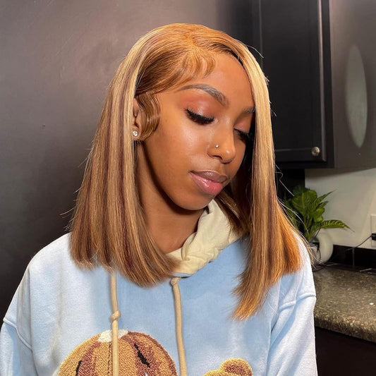 10 Inch Highlight Ombre Lace Front Wig Human Hair Glueless Bob Wigs Human Hair Pre Plucked, 4/27 Highlighted Honey Blonde HD Lace Front Wigs Human Hair Wigs For Black Women 180 Density