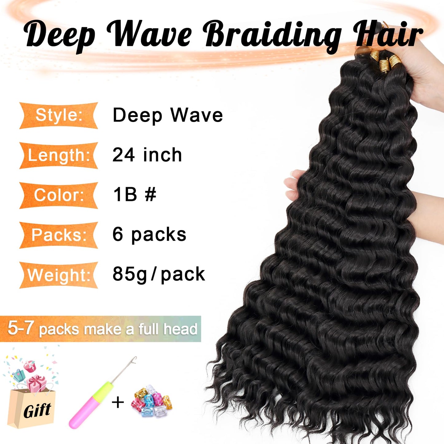 Eerya Ocean Wave Crochet Hair 24 Inch 6 Packs Deep Wave Crochet Hair for Black Women Synthetic Wavy Curly Braiding Hair for Boho Braids (24 inch,1B)