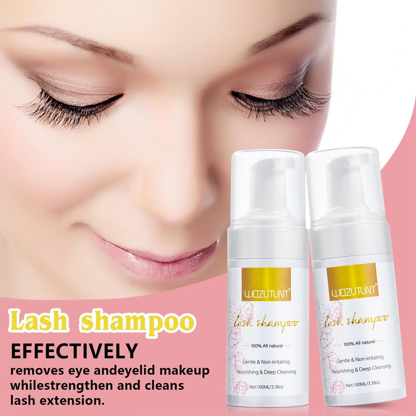 3.38OZ Eyelash Extension Cleanser Lash Mousse Lash Shampoo for Extensions, USB Mini Portable Fan Rechargeable Electric Handheld Air Conditioning Lash Shampoo Brush Plastic Wash Bottle (lash fan-pink)