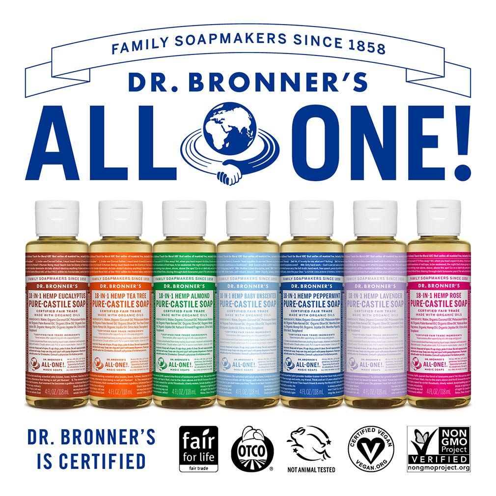 Dr. Bronner's - Pure-Castile Liquid Soap (Baby Unscented, 4 Ounce) - Made with Organic Oils, 18-in-1 Uses: Face, Hair, Laundry, Dishes, For Sensitive Skin, Babies, No Added Fragrance, Vegan, Non-GMO