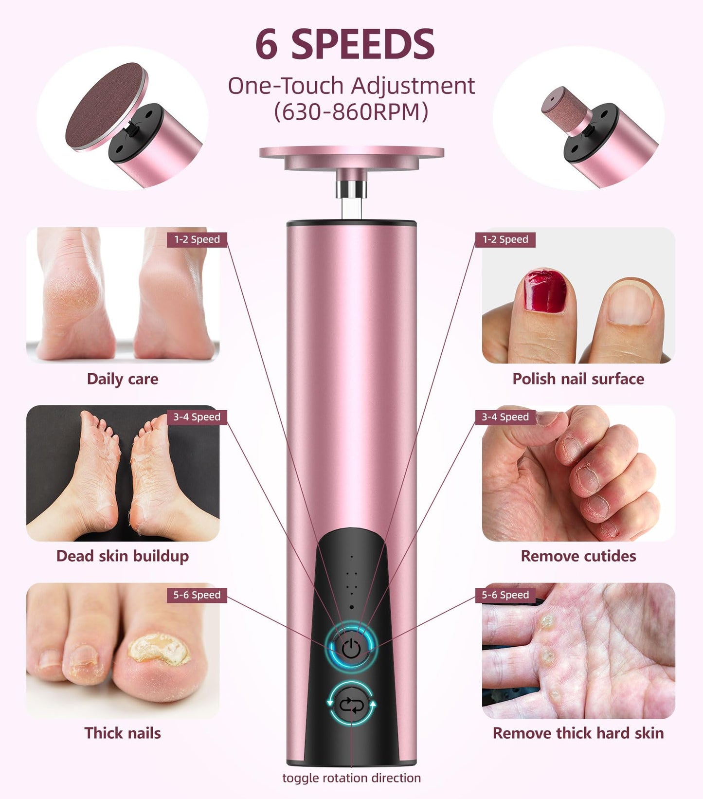 Electric Foot Callus Remover(6 Speed), 2 in 1 Electric Foot File Nail Grinder, Rechargeable Foot Sander with Sandpaper Disk and Nail Drill Bits, Callus Remover for Feet for Dead Skin-Pink