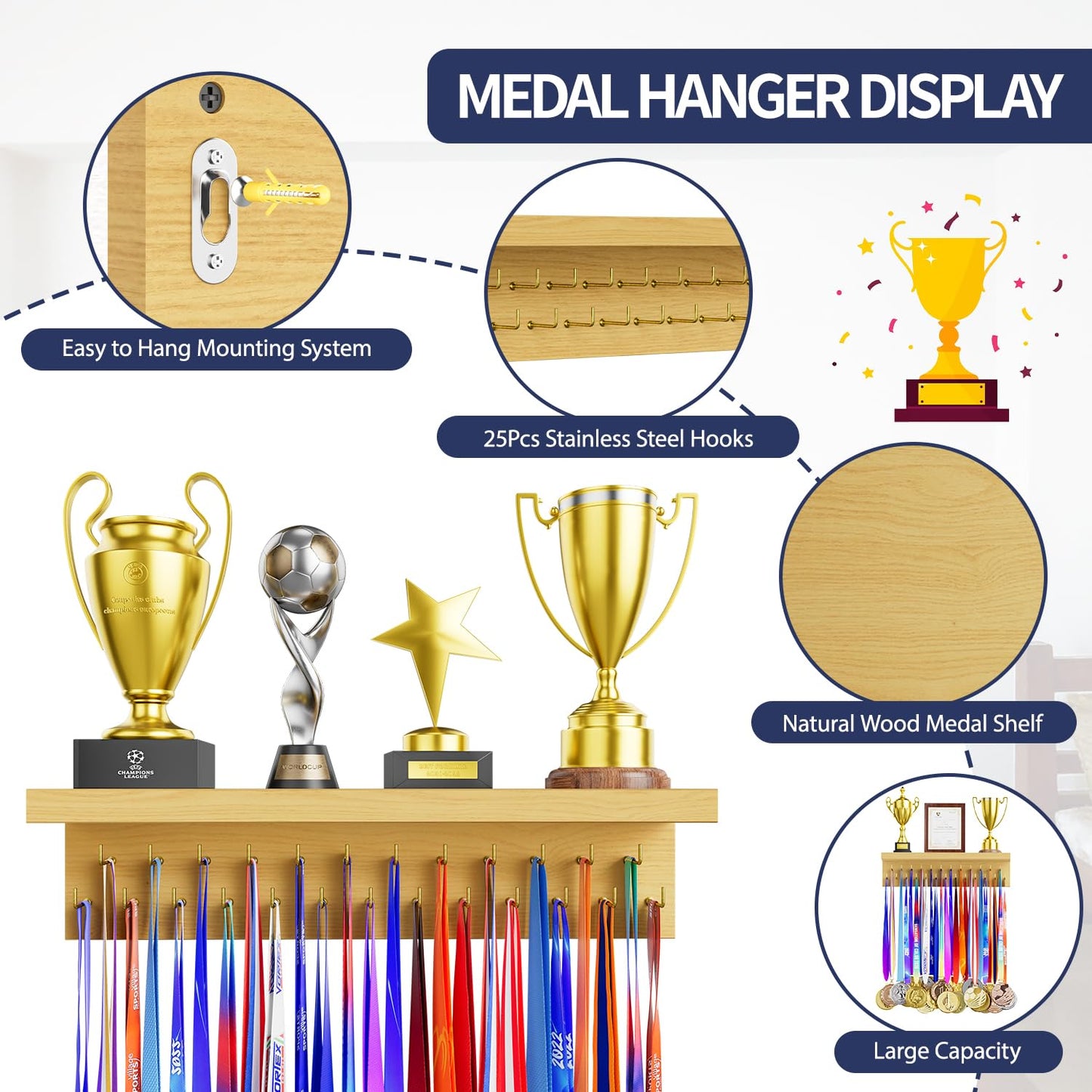 DSVENROLY Medal Holder Display Trophy Shelf Organizer,Sturdy Wooden Medal Trophy Hanger Rack with 25 Steel Hooks, Wall Mount Medal Hanger for Race Medals Trophies Easy to Install (1PC，Nature Wood)