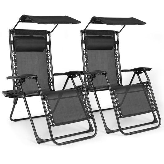 DuangDuang Zero Gravity Chairs Set of 2, Oversized Outdoor Recliner Patio Lounge Chair with Canopy Shade, Foldable Outdoor Lounger with Cup Holder Tray for Backyard Beach Camping, Black