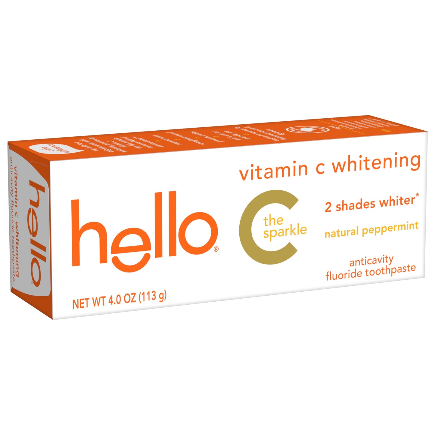 hello Vitamin C Whitening Toothpaste with Fluoride, Whitening SLS Free Toothpaste, Up to 2 Shades Whiter Teeth, No Peroxide, Safe for Everyday Use, Natural Peppermint, 4.0 Oz