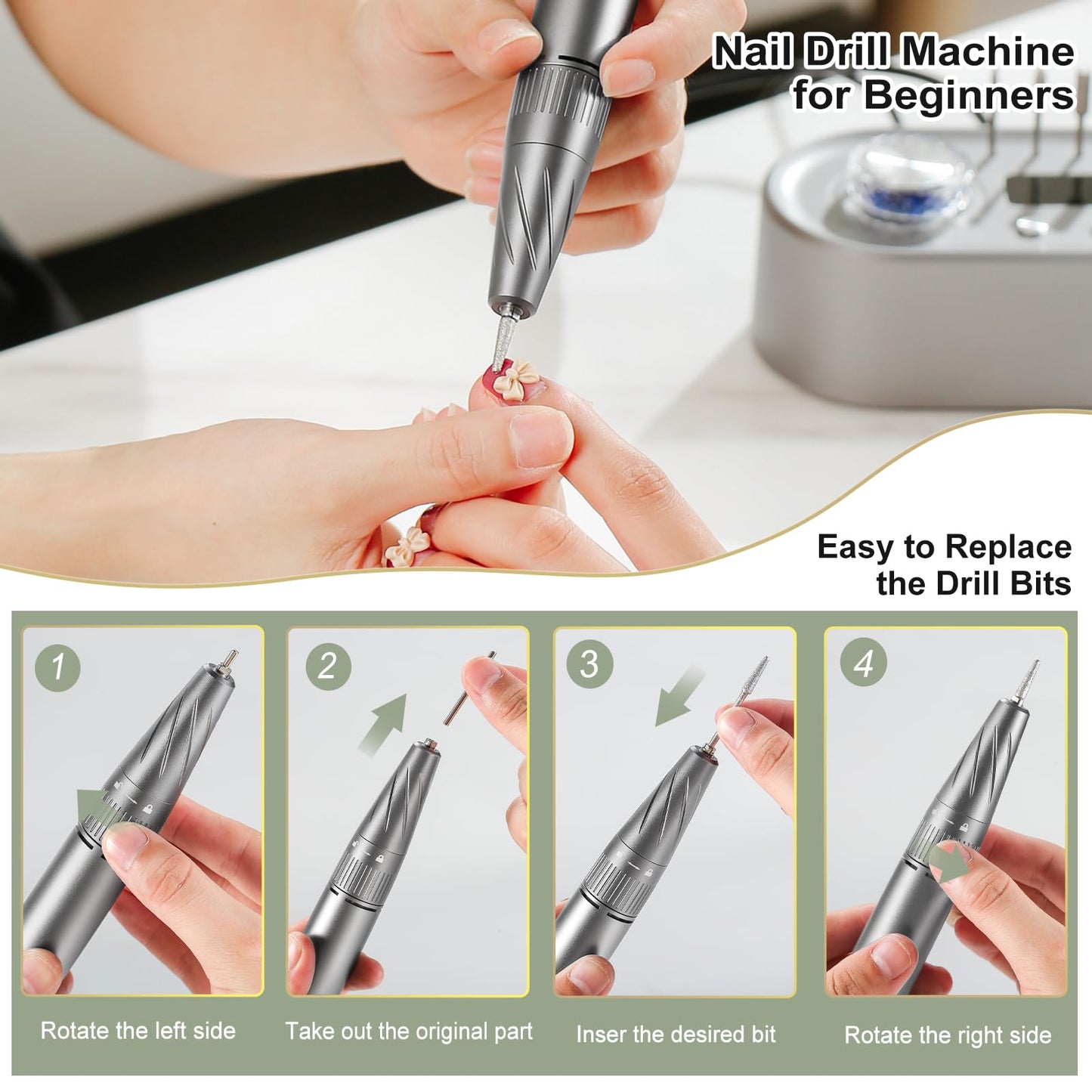 Electric Nail Drill Machine, 40000RPM Professional E File Nail Drill Kit for Gel Acrylic Nails,High Speed Low Vibration Low Heat Nail Grinding with LED Light, 7 Bits, F/R Rotation, LCD Screen (Grey)