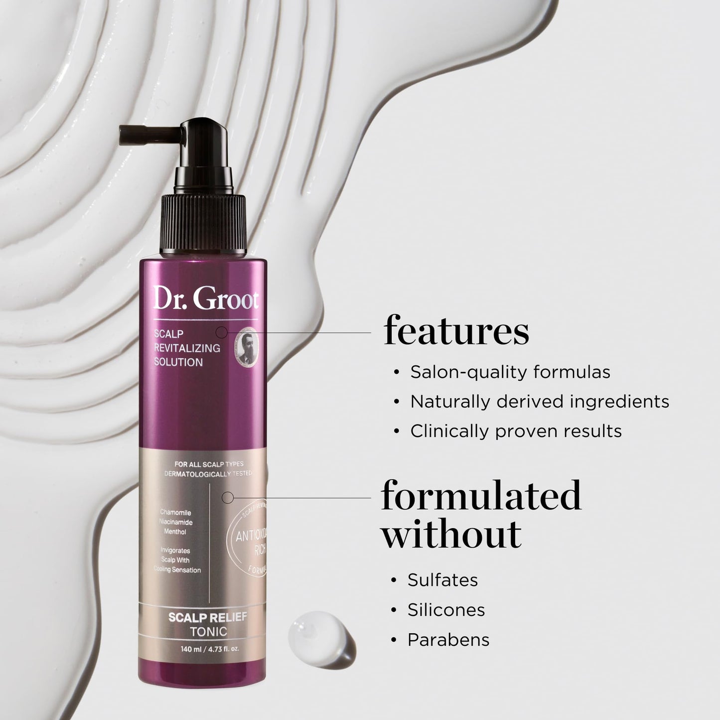 Dr. Groot Scalp Relief Tonic, Korean Hair Care with Chamomile, Niacinamide, Menthol, Rosemary Oil, Moisturizing Biotin Spray, Antioxidant Formula, for Dry Scalp, Kbeauty Scalp Revitalizing Solution