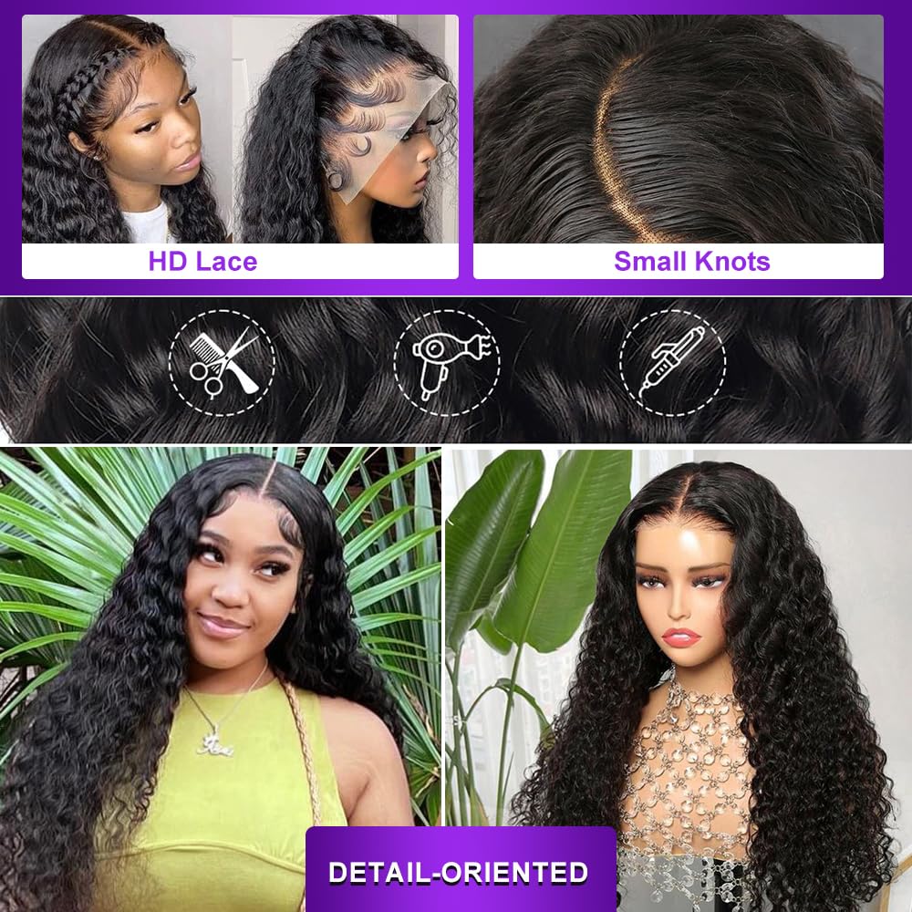 13x6 Deep Wave Lace Front Wigs Human Hair 200 Density HD Lace Frontal Wigs Human Hair 28 Inch Deep Curly Glueless Wigs Human Hair Pre Plucked with Baby Hair Curly Wigs for Women Natural Color