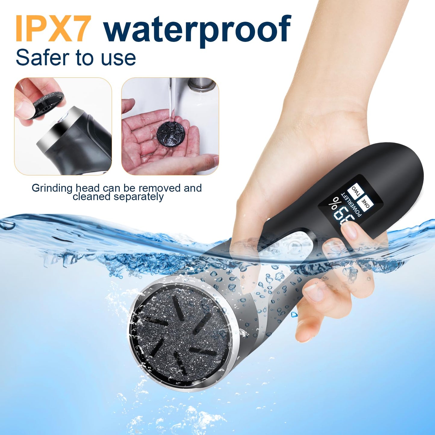 Electric Foot Callus Remover, IPX7 Waterproof Pedicure Kit Rechargeable Calloused Feet Remover Tool with LCD Display, 2-Speed Dual Motors for Efficient Exfoliation of Dead Skin on Feet