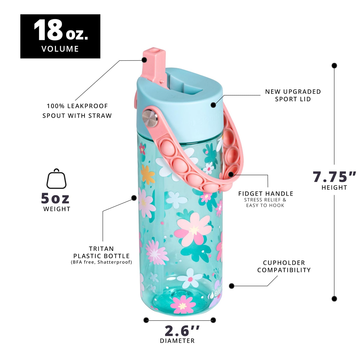 Elemental Leak Proof Water Bottles for Kids - Splash Kids Water Bottle for School with Fun Fidget Pop-it Handle - Tritan Plastic Water Bottle with Straw - Stylish Cat & Spring Blossom - 18oz (2 Pack)