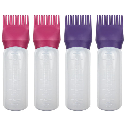 ELANE 4 Pack Root Comb Applicator Bottle, Hair Oiling Applicator for Hair Dye, Shampoos, Salons. (Purple+Red)