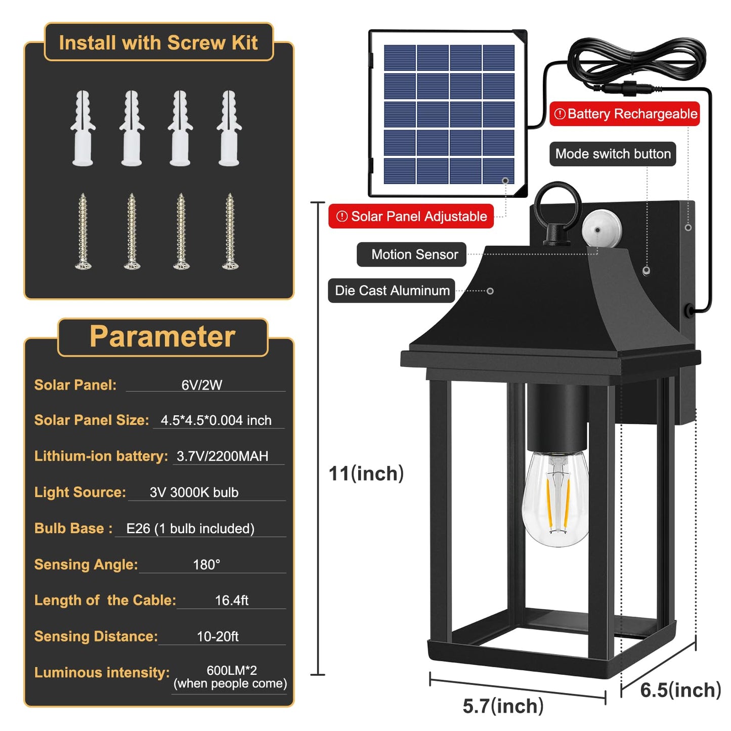 2 Pack Solar Porch Lights Outdoor, Dusk to Dawn Motion Sensor Solar Wall Lantern with 3 Modes, Separate Panel & Power Replaceable Exterior Waterproof Wall Sconce Lighting Lamp for House Garage Patio