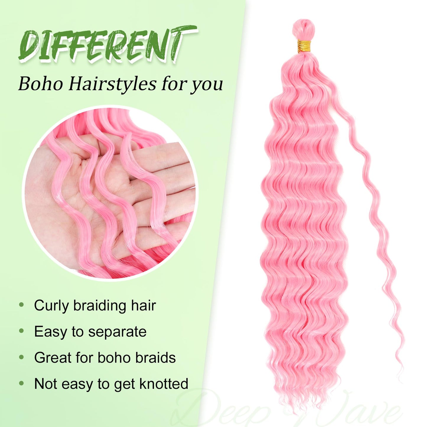 Eerya Long Curly Braiding Hair 18 Inch 2 Packs Pink Ocean Wave Crochet Hair for Black Women Deep Wave Braiding Hair for Boho Braids (18 inch, Pink)