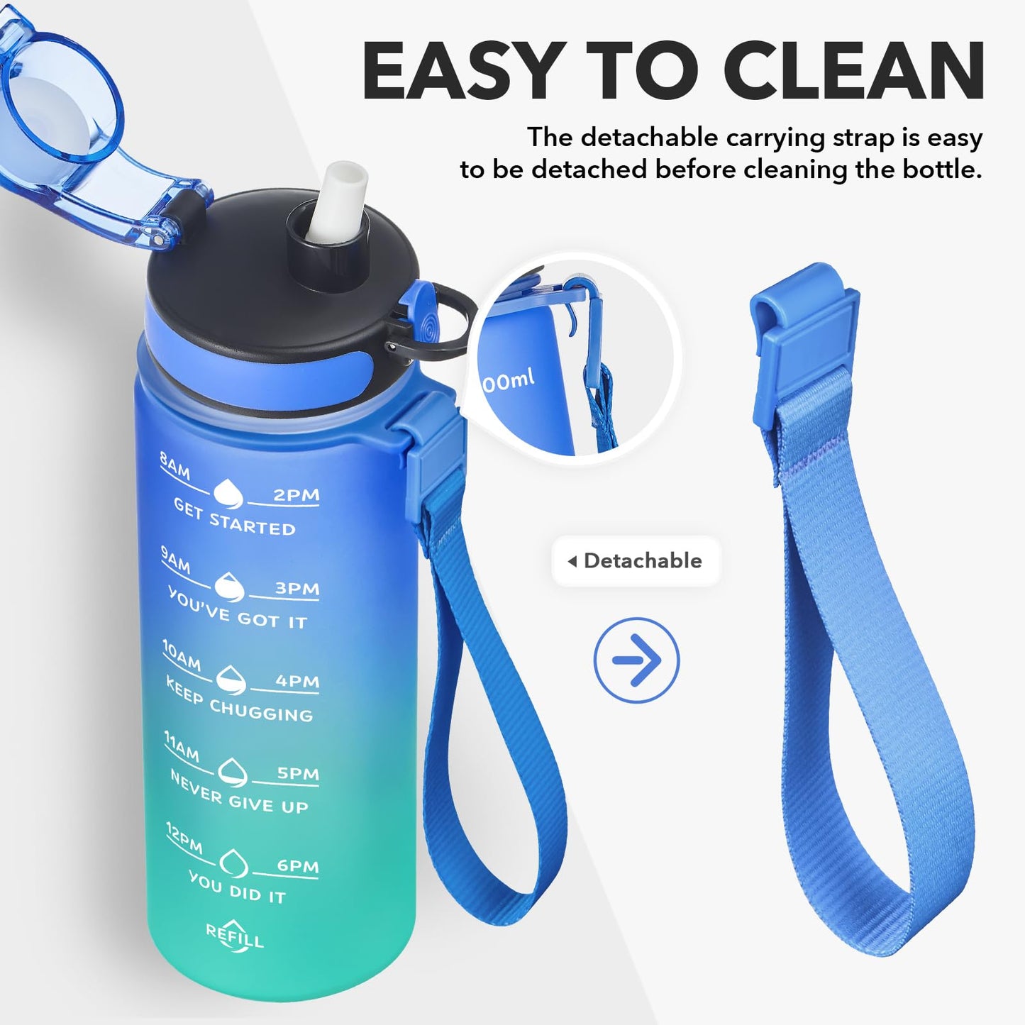 Enerbone 24 oz Water Bottle, Leakproof BPA & Toxic Free, Motivational Water Bottle with Times to Drink and Straw, Fitness Sports Water Bottle with Strap for Office, Gym, Outdoor Sports
