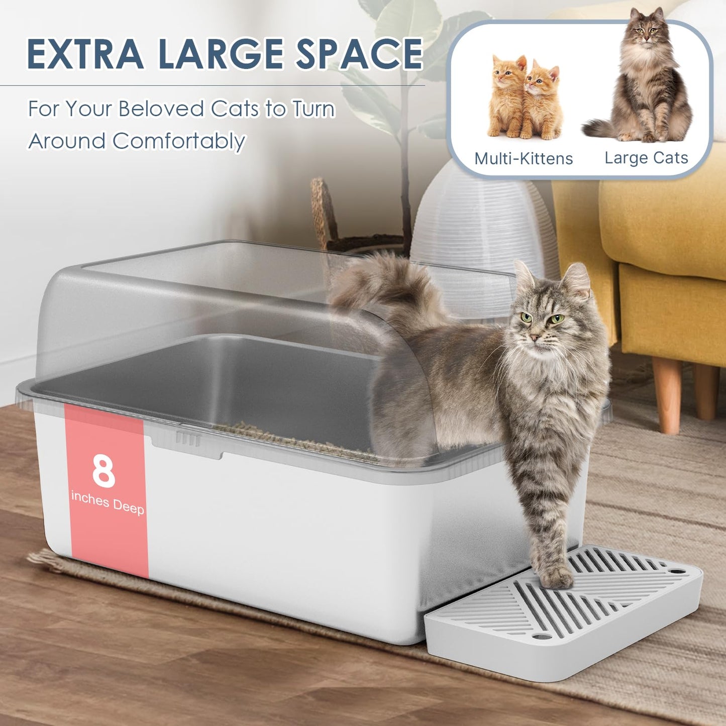 2 Pack 8" Deep Stainless Steel Litter Box with Lid, Extra Large & Deep Stainless Steel Cat Litter Box for Multipul Cats, Metal Litter Pan with Anti-Leakage High Wall, Litter Pan Easy Cleaning
