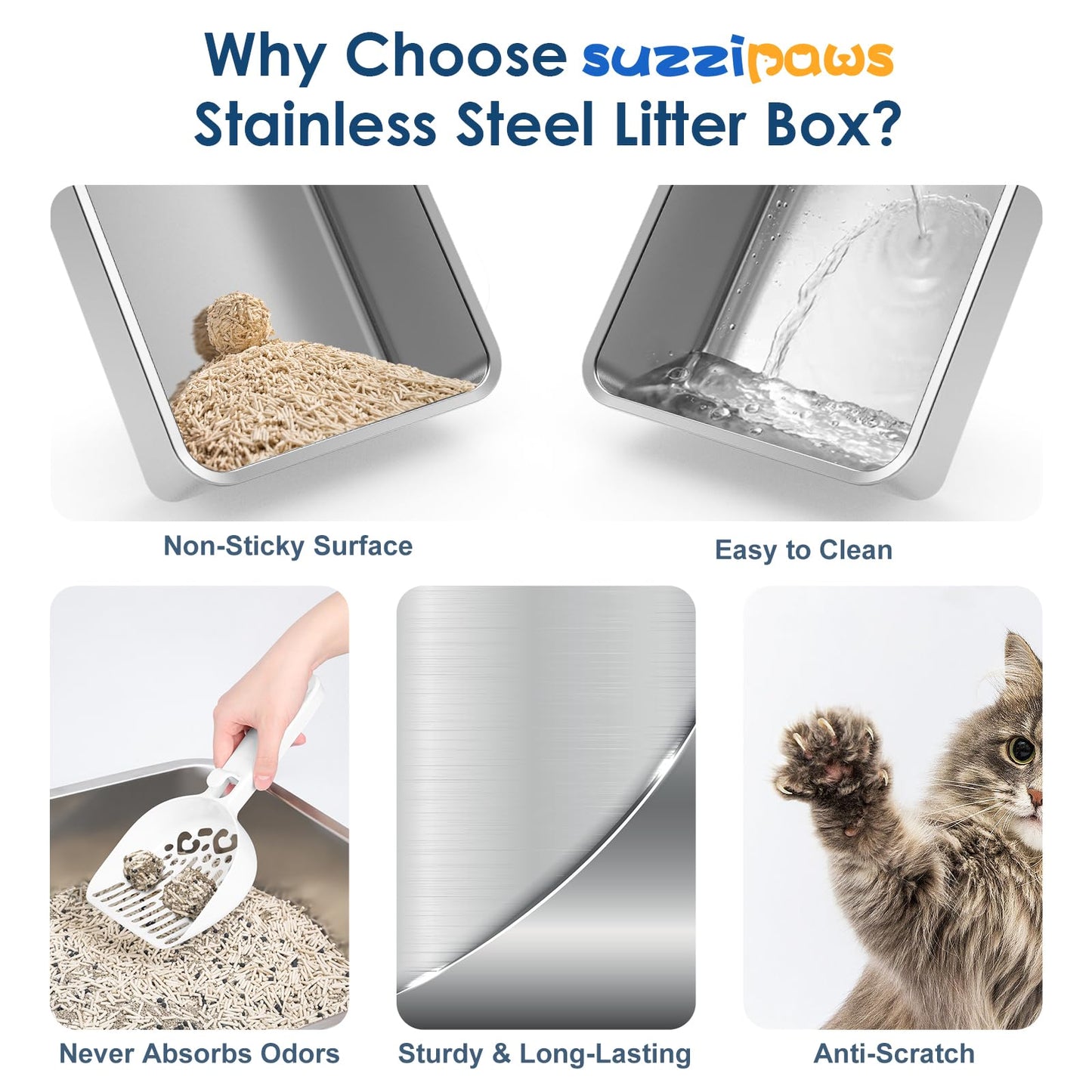 2 Pack 8" Deep Stainless Steel Litter Box with Lid, Extra Large & Deep Stainless Steel Cat Litter Box for Multipul Cats, Metal Litter Pan with Anti-Leakage High Wall, Litter Pan Easy Cleaning