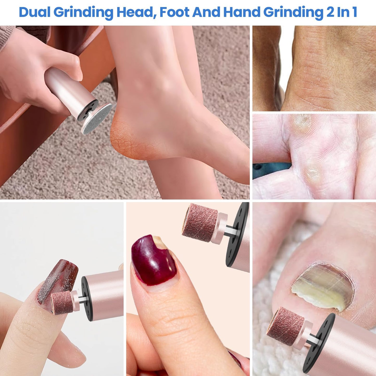 Electric Callus Remover for Feet, Electric Foot File Nail Grinder 2 in 1,Rechargeable Professional Foot Sander Pedicure Tool for Feet Dry Dead Skin with Sandpaper Disk, 6 Speed Adjustable