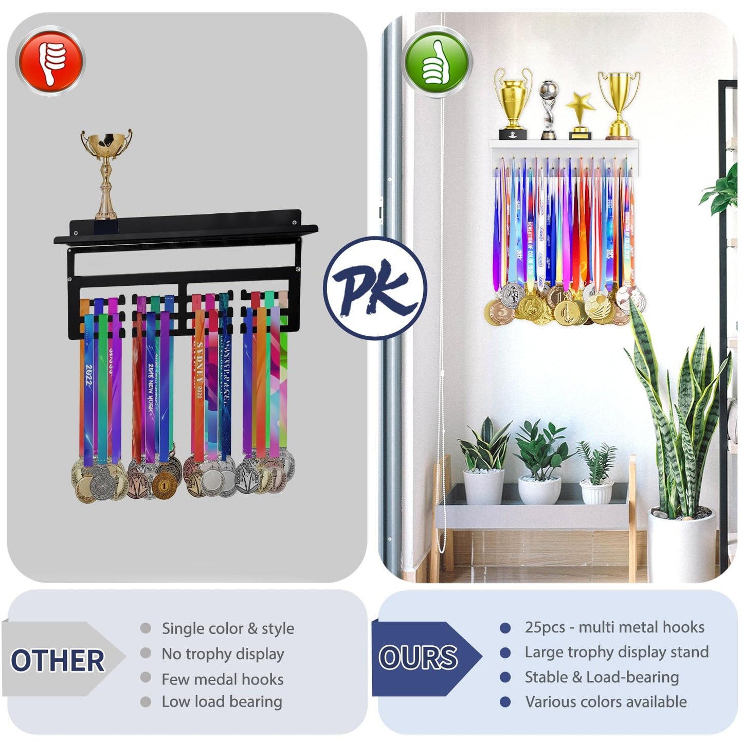 DSVENROLY Medal Holder Display Trophy Shelf Organizer,Sturdy Wooden Medal Trophy Hanger Rack with 25 Steel Hooks, Wall Mount Medal Hanger for Race Medals Trophies Easy to Install White Golden Hooks