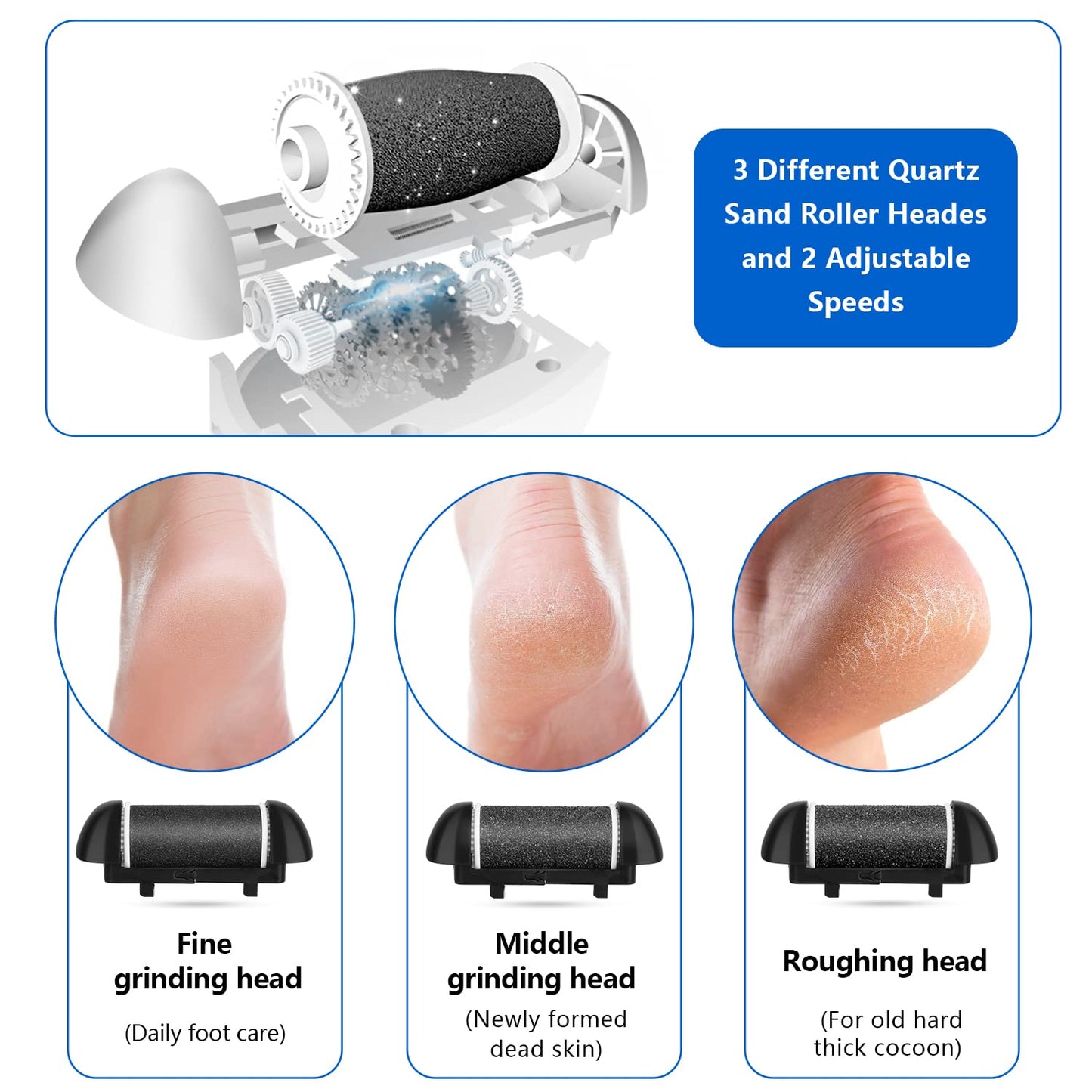 Electric Foot Callus Remover Kit, Elmchee Rechargeable Pedicure Tools Foot Care Feet File with 3 Roller Heads,2 Speed,Battery Display for Remove Cracked Heels Calluses and Dead Skin(Black)
