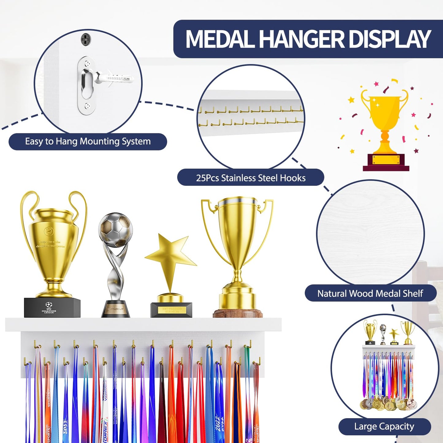 DSVENROLY Medal Holder Display Trophy Shelf Organizer,Sturdy Wooden Medal Trophy Hanger Rack with 25 Steel Hooks, Wall Mount Medal Hanger for Race Medals Trophies Easy to Install White Golden Hooks