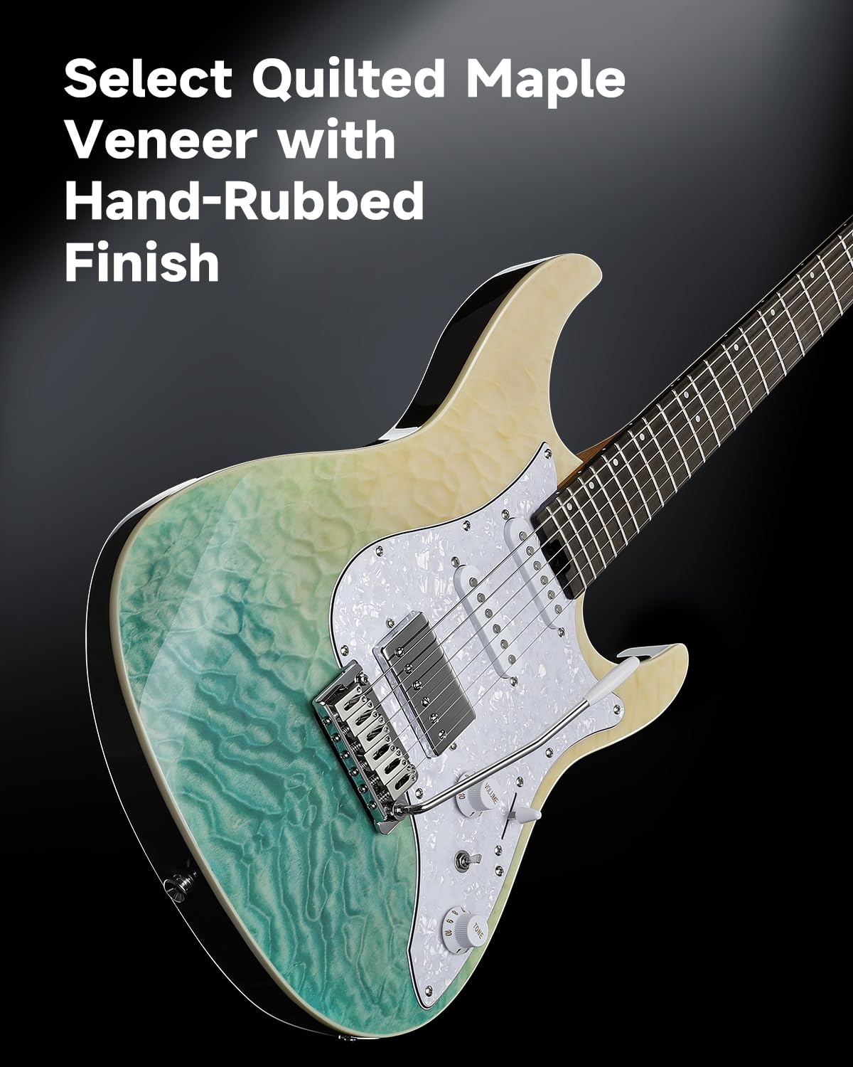 Donner 39 Inch Electric Guitar, DST-550 Color Gradient Poplar Body, Laurel Fretboard & Maple Veneer, 7 Tone Options, Tremolo Bridge, for Intermediate & Pro Players – Caribbean Shoreline Gradation