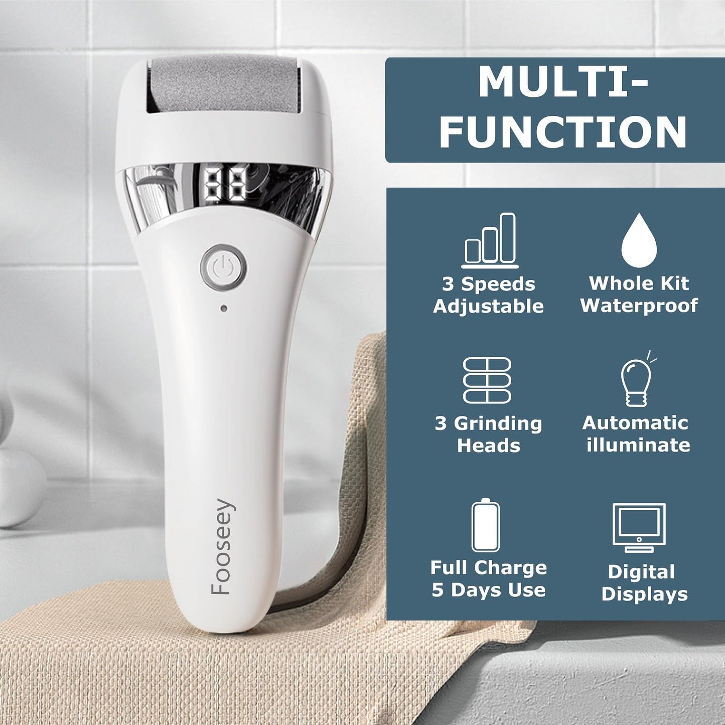 Electric Foot Callues Remover - FSA&HSA Eligible, Portable Electric Foot Files with 3 Heads, Rechargeable Feet File for Foot Care, Waterproof Deadskin Remover, Pedicure Tool for Dry and Crack Feet