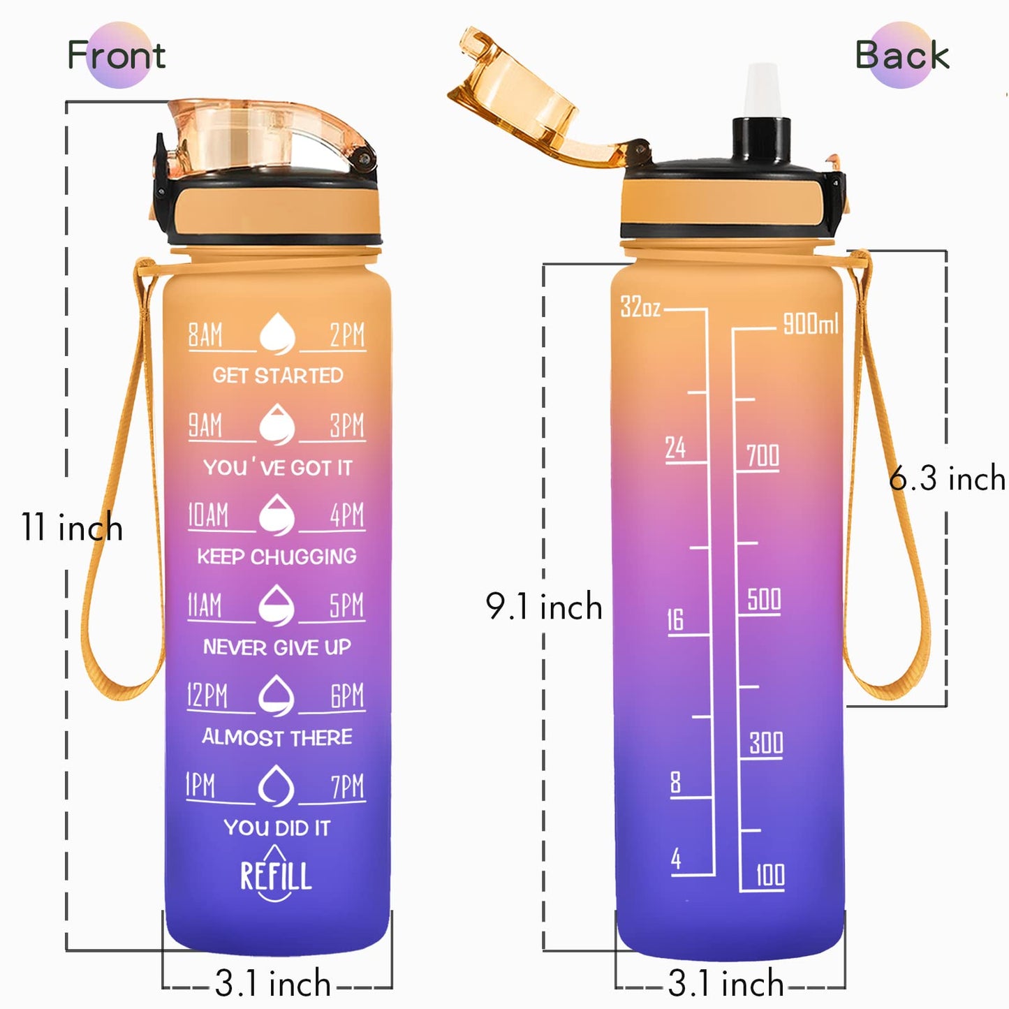 Enerbone 32 oz Water Bottle, Leakproof BPA & Toxic Free, Motivational Water Bottle with Times to Drink and Straw, Fitness Sports Water Bottle with Strap for Office, Gym, Outdoor Sports