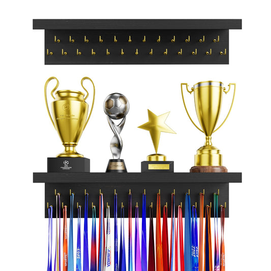 DSVENROLY Medal Holder Display Trophy Shelf Organizer,Sturdy Wooden Medal Trophy Hanger Rack with 25 Steel Hooks, Wall Mount Medal Hanger for Race Medals Trophies(2Pc, Retro Grey)