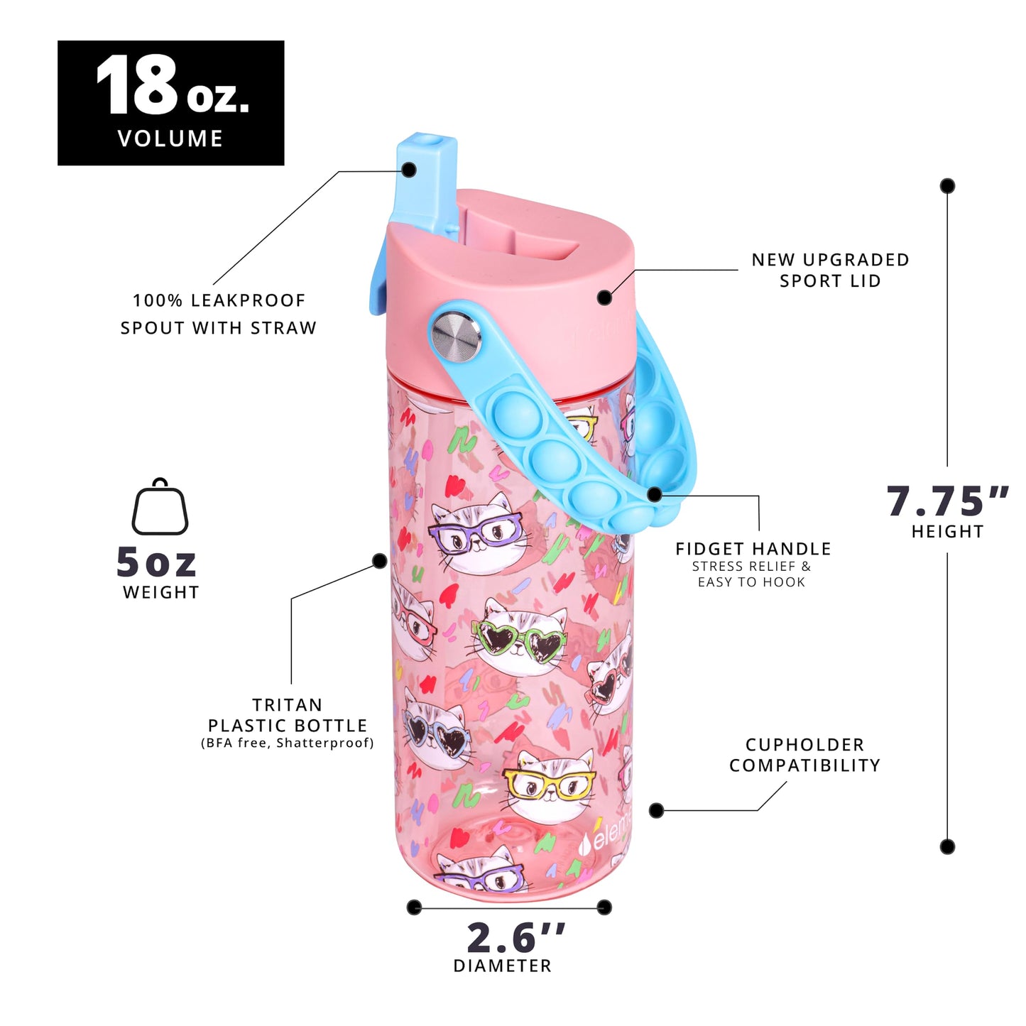 Elemental Leak Proof Water Bottles for Kids - Splash Kids Water Bottle for School with Fun Fidget Pop-it Handle - BPA Free Tritan Plastic Reusable Water Bottle with Straw - Stylish Cat - 18oz